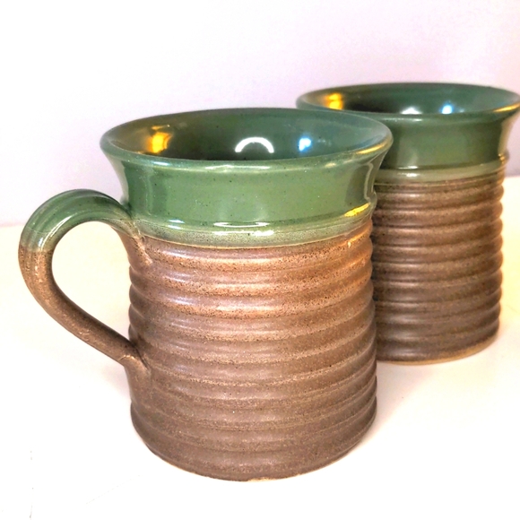Vintage Stoneware Mugs Green and Brown Glaze - Picture 2 of 6
